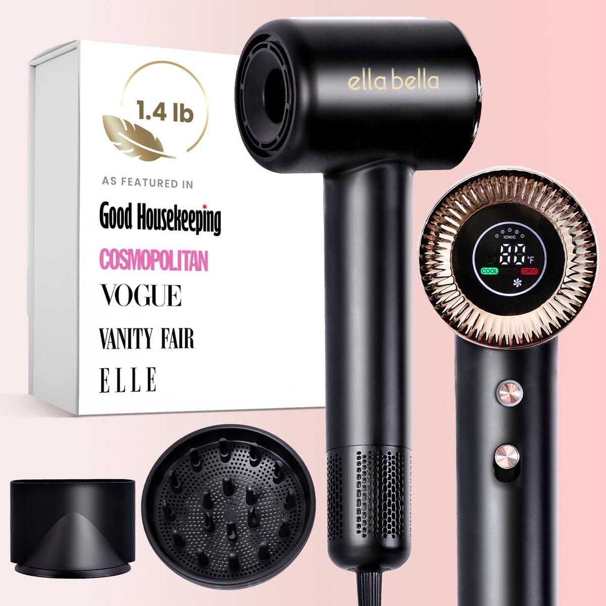 ELLA BELLA® Compact Plasma Hair Dryer – Advanced Titanium Blow Dryer with Digital Display, Low Noise, Diffuser & Nozzle, Luxury Velvet Travel Bag for All Hair Types Avelisse