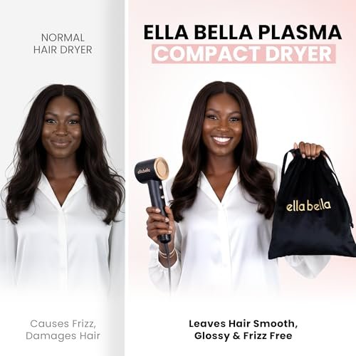 ELLA BELLA® Compact Plasma Hair Dryer – Advanced Titanium Blow Dryer with Digital Display, Low Noise, Diffuser & Nozzle, Luxury Velvet Travel Bag for All Hair Types Avelisse