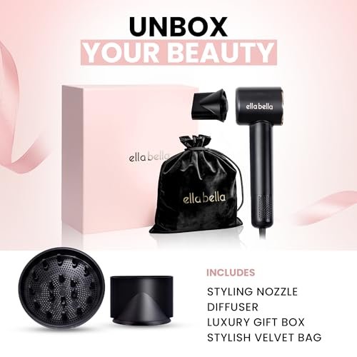 ELLA BELLA® Compact Plasma Hair Dryer – Advanced Titanium Blow Dryer with Digital Display, Low Noise, Diffuser & Nozzle, Luxury Velvet Travel Bag for All Hair Types Avelisse
