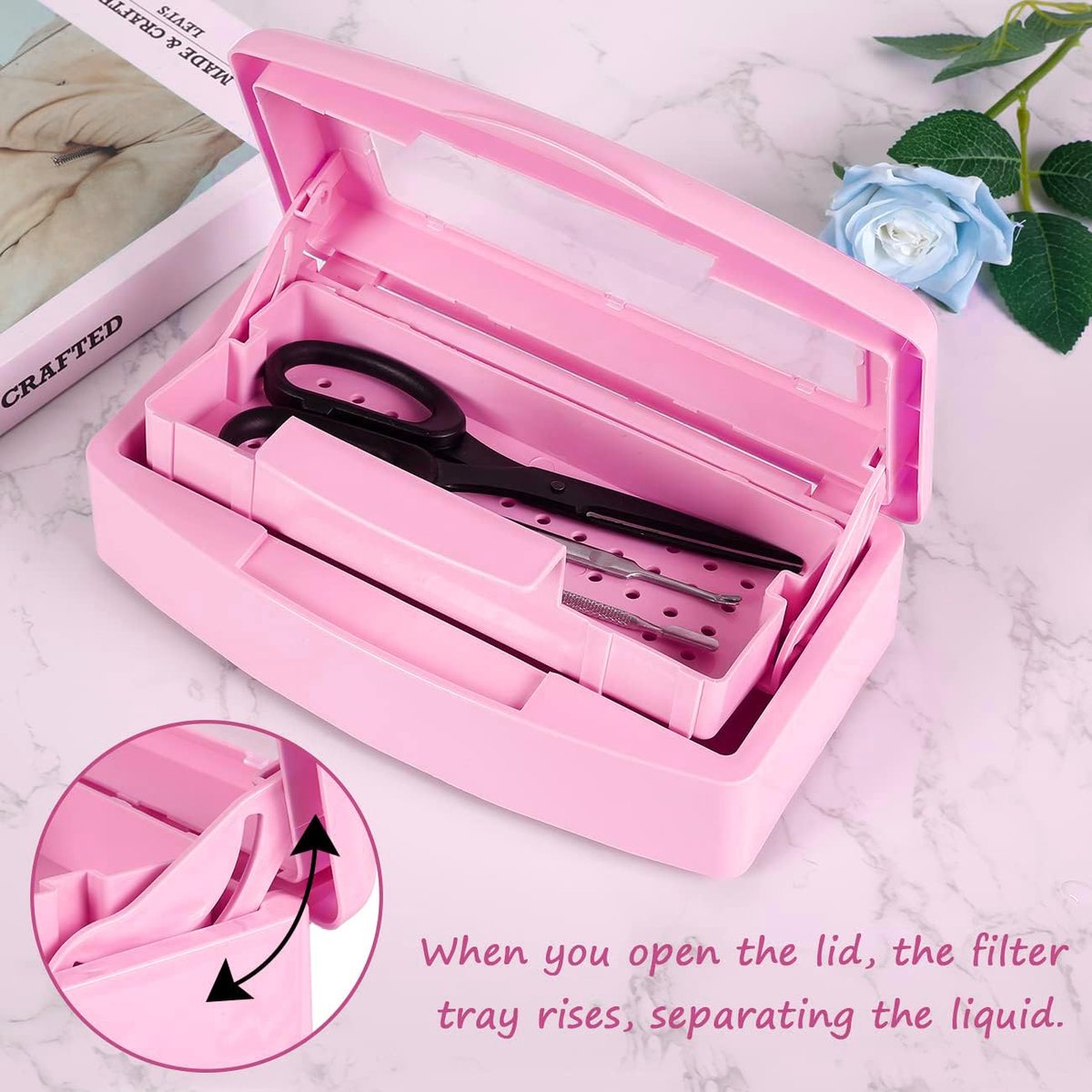 Gusnilo Sanitizing Tray - Disinfectant Container for Nail Tools, Hair Salon & Spa (Clear Lid, Pink) - görsel 9