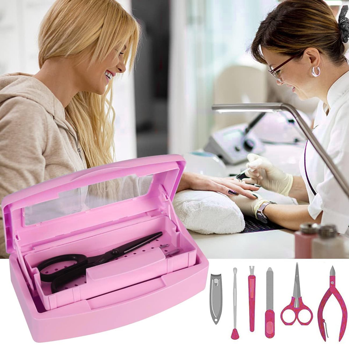 Gusnilo Sanitizing Tray - Disinfectant Container for Nail Tools, Hair Salon & Spa (Clear Lid, Pink) - görsel 13