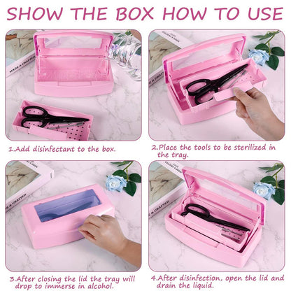 Gusnilo Sanitizing Tray - Disinfectant Container for Nail Tools, Hair Salon & Spa (Clear Lid, Pink)
