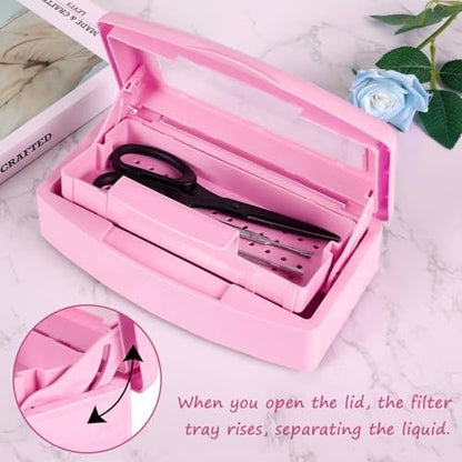 Gusnilo Sanitizing Tray - Disinfectant Container for Nail Tools, Hair Salon & Spa (Clear Lid, Pink)