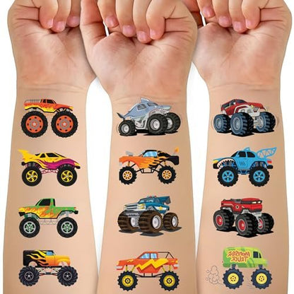 50 PCS Monster Trucks Temporary Tattoos for Kids - Monster Truck Fake Tattoos for Birthday Party Supplies, Racing Car Checkered Flag Trophy Flame Tattoo Stickers for Boys Girls Party Bag Filler