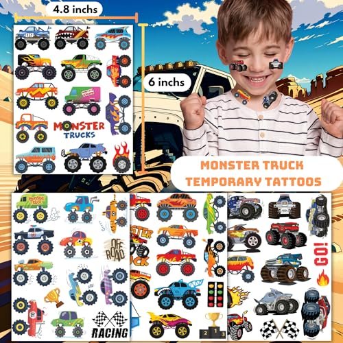 50 PCS Monster Trucks Temporary Tattoos for Kids - Monster Truck Fake Tattoos for Birthday Party Supplies, Racing Car Checkered Flag Trophy Flame Tattoo Stickers for Boys Girls Party Bag Filler - görsel 3