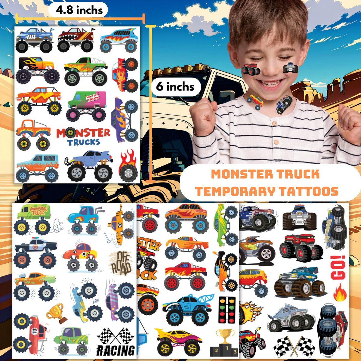 50 PCS Monster Trucks Temporary Tattoos for Kids - Monster Truck Fake Tattoos for Birthday Party Supplies, Racing Car Checkered Flag Trophy Flame Tattoo Stickers for Boys Girls Party Bag Filler - görsel 4