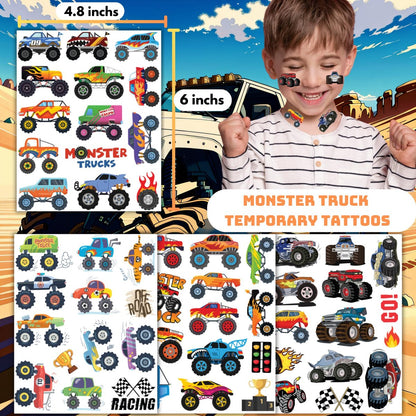50 PCS Monster Trucks Temporary Tattoos for Kids - Monster Truck Fake Tattoos for Birthday Party Supplies, Racing Car Checkered Flag Trophy Flame Tattoo Stickers for Boys Girls Party Bag Filler