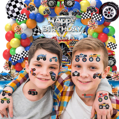50 PCS Monster Trucks Temporary Tattoos for Kids - Monster Truck Fake Tattoos for Birthday Party Supplies, Racing Car Checkered Flag Trophy Flame Tattoo Stickers for Boys Girls Party Bag Filler