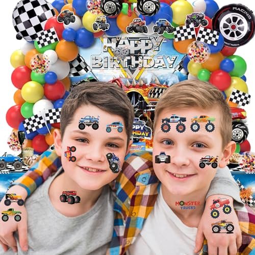 50 PCS Monster Trucks Temporary Tattoos for Kids - Monster Truck Fake Tattoos for Birthday Party Supplies, Racing Car Checkered Flag Trophy Flame Tattoo Stickers for Boys Girls Party Bag Filler - görsel 7