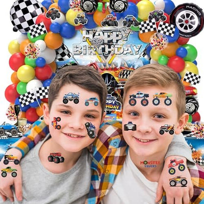 50 PCS Monster Trucks Temporary Tattoos for Kids - Monster Truck Fake Tattoos for Birthday Party Supplies, Racing Car Checkered Flag Trophy Flame Tattoo Stickers for Boys Girls Party Bag Filler