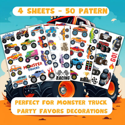 50 PCS Monster Trucks Temporary Tattoos for Kids - Monster Truck Fake Tattoos for Birthday Party Supplies, Racing Car Checkered Flag Trophy Flame Tattoo Stickers for Boys Girls Party Bag Filler