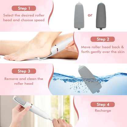 Professional Electric Foot File and Callus Remover - Smooth Cracked, Hard, Dead Skin with 2 Grinding Heads & Cleaning Brush