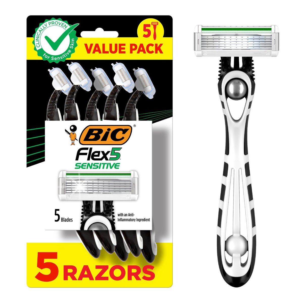 BIC Flex 5 Sensitive Men's Disposable 5-Blade Razors, Comfortable Shave, 5-Pack - görsel 1