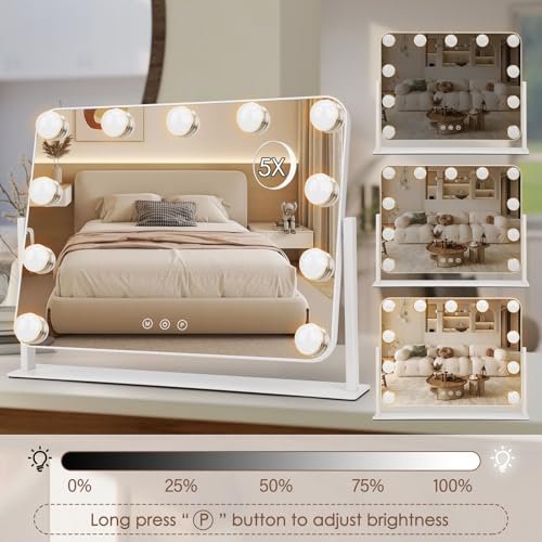 DenCert 360° Vanity Mirror with Lights - 11 LED Bulbs Hollywood Lighted Makeup Mirror with 5X Magnification, 3 Lighting Modes, 16x13 Inch Tabletop Mirror, White Avelisse