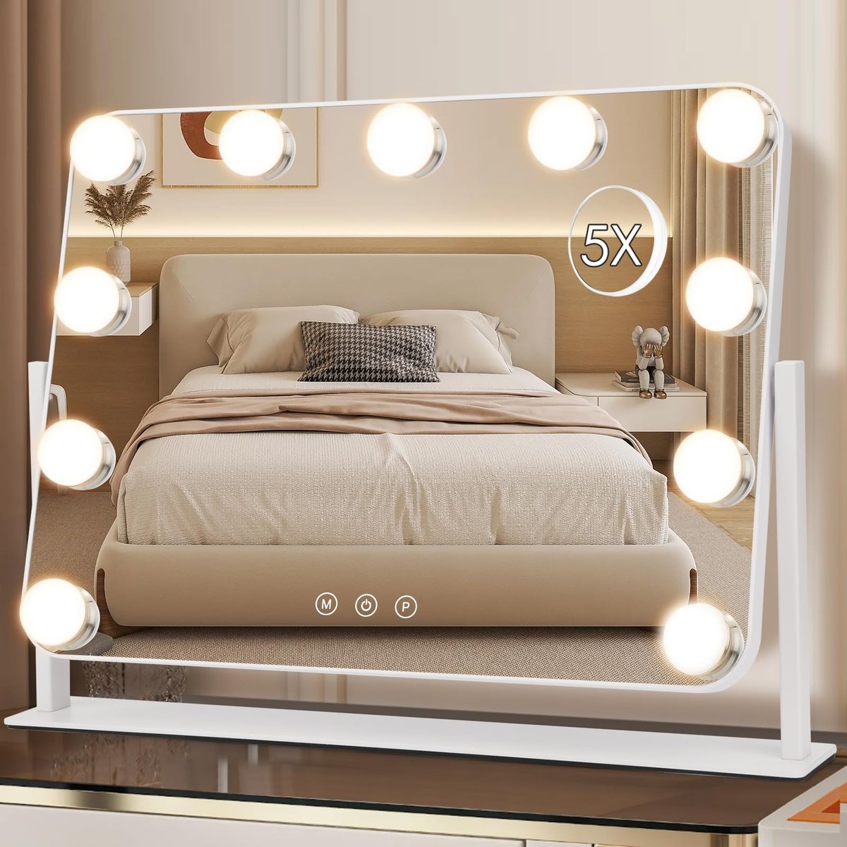 DenCert 360° Vanity Mirror with Lights - 11 LED Bulbs Hollywood Lighted Makeup Mirror with 5X Magnification, 3 Lighting Modes, 16x13 Inch Tabletop Mirror, White Avelisse