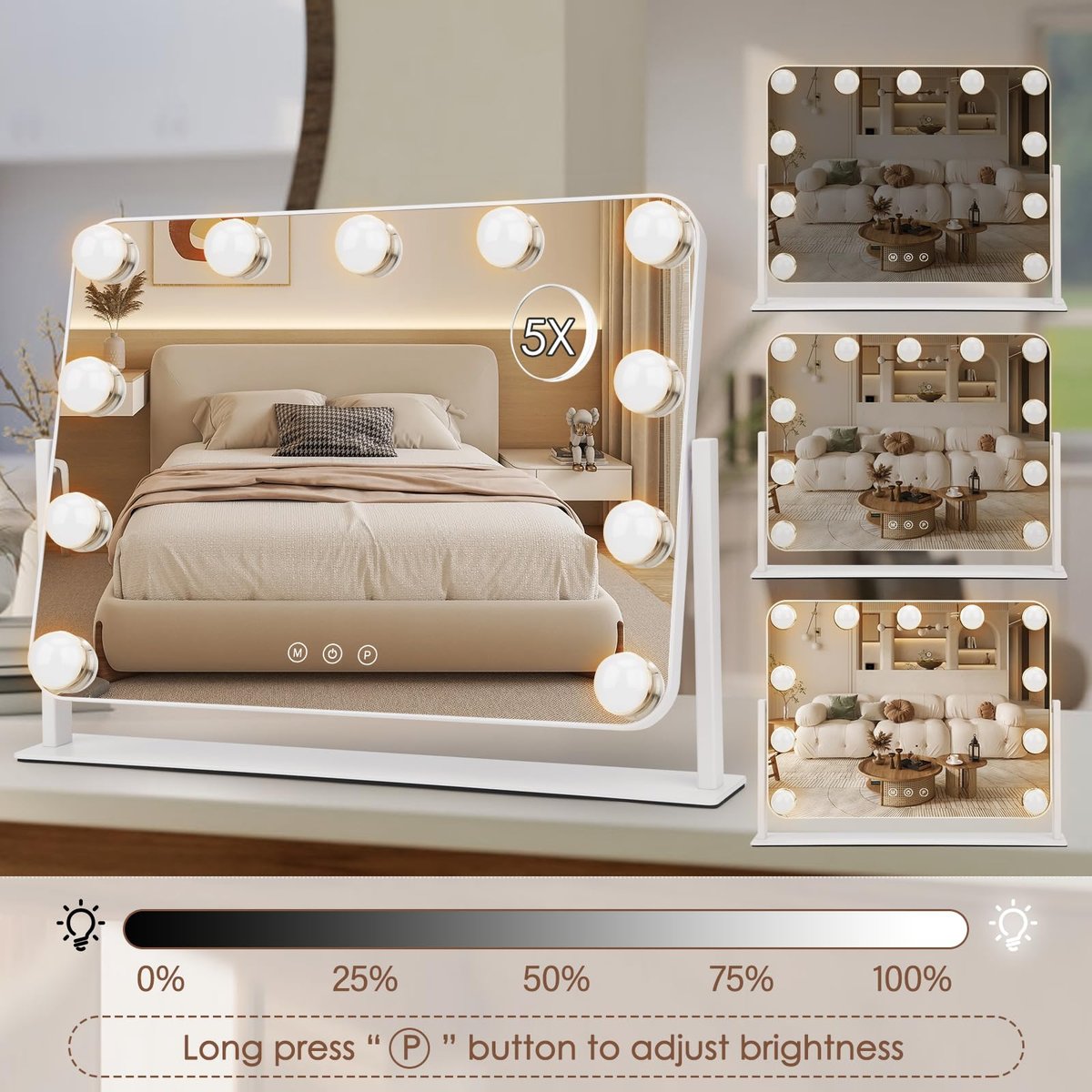 DenCert 360° Vanity Mirror with Lights - 11 LED Bulbs Hollywood Lighted Makeup Mirror with 5X Magnification, 3 Lighting Modes, 16x13 Inch Tabletop Mirror, White Avelisse