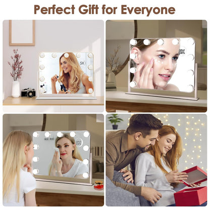 DenCert 360° Vanity Mirror with Lights - 11 LED Bulbs Hollywood Lighted Makeup Mirror with 5X Magnification, 3 Lighting Modes, 16x13 Inch Tabletop Mirror, White Avelisse
