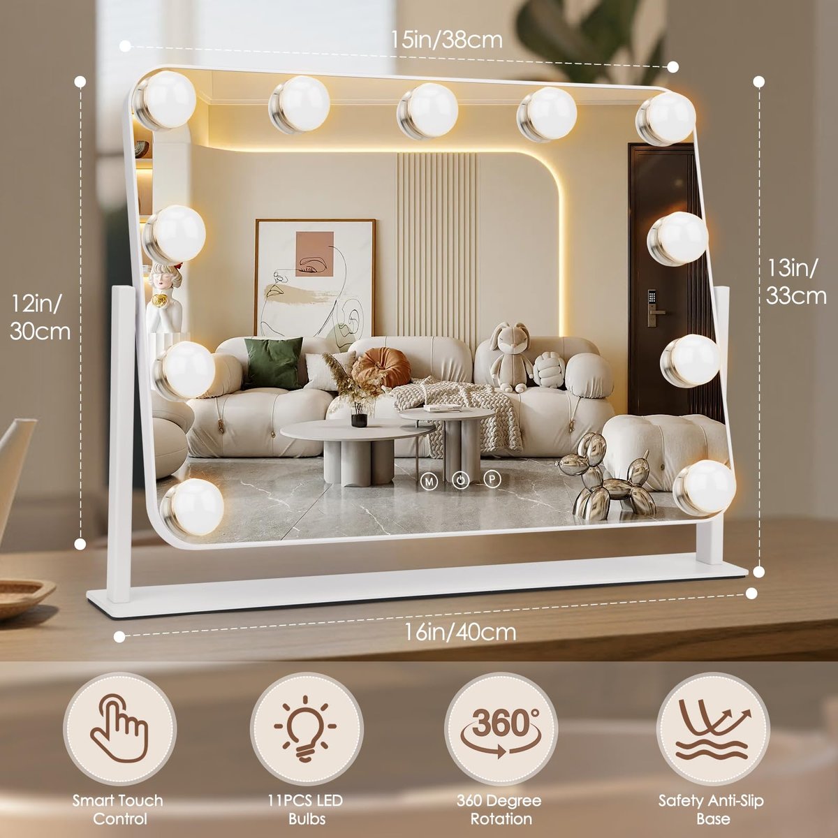 DenCert 360° Vanity Mirror with Lights - 11 LED Bulbs Hollywood Lighted Makeup Mirror with 5X Magnification, 3 Lighting Modes, 16x13 Inch Tabletop Mirror, White Avelisse