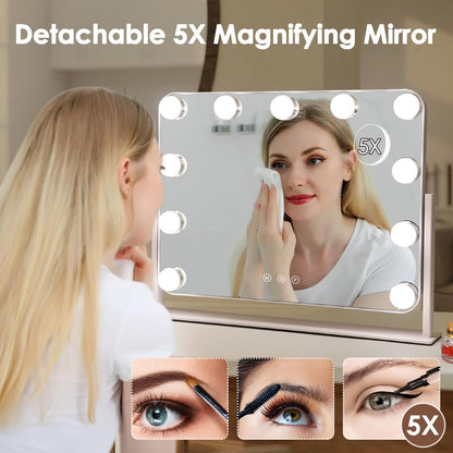 DenCert 360° Vanity Mirror with Lights - 11 LED Bulbs Hollywood Lighted Makeup Mirror with 5X Magnification, 3 Lighting Modes, 16x13 Inch Tabletop Mirror, White Avelisse