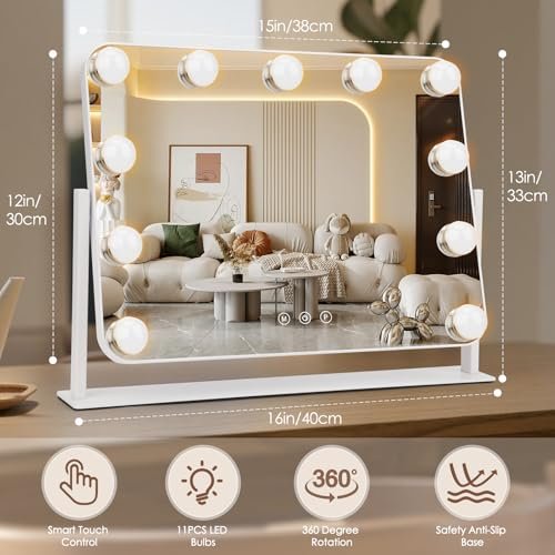 DenCert 360° Vanity Mirror with Lights - 11 LED Bulbs Hollywood Lighted Makeup Mirror with 5X Magnification, 3 Lighting Modes, 16x13 Inch Tabletop Mirror, White Avelisse