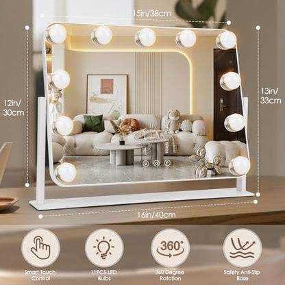 DenCert 360° Vanity Mirror with Lights - 11 LED Bulbs Hollywood Lighted Makeup Mirror with 5X Magnification, 3 Lighting Modes, 16x13 Inch Tabletop Mirror, White Avelisse