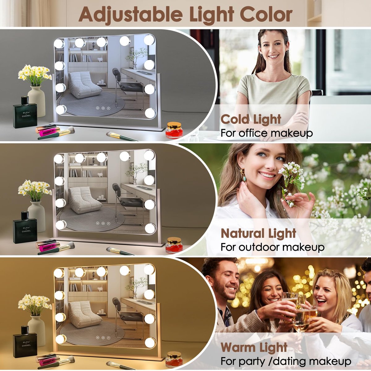 DenCert 360° Vanity Mirror with Lights - 11 LED Bulbs Hollywood Lighted Makeup Mirror with 5X Magnification, 3 Lighting Modes, 16x13 Inch Tabletop Mirror, White Avelisse