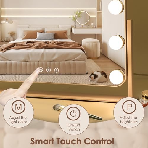 DenCert 360° Vanity Mirror with Lights - 11 LED Bulbs Hollywood Lighted Makeup Mirror with 5X Magnification, 3 Lighting Modes, 16x13 Inch Tabletop Mirror, White Avelisse
