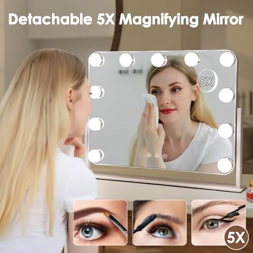 DenCert 360° Vanity Mirror with Lights - 11 LED Bulbs Hollywood Lighted Makeup Mirror with 5X Magnification, 3 Lighting Modes, 16x13 Inch Tabletop Mirror, White Avelisse