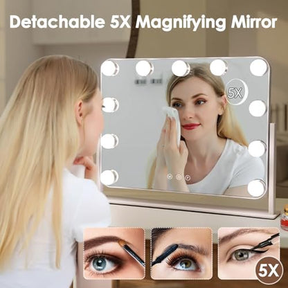 DenCert 360° Vanity Mirror with Lights - 11 LED Bulbs Hollywood Lighted Makeup Mirror with 5X Magnification, 3 Lighting Modes, 16x13 Inch Tabletop Mirror, White Avelisse