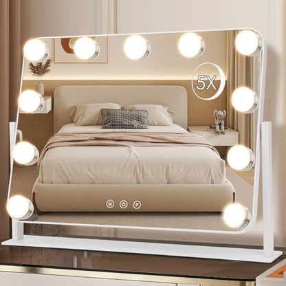 DenCert 360° Vanity Mirror with Lights - 11 LED Bulbs Hollywood Lighted Makeup Mirror with 5X Magnification, 3 Lighting Modes, 16x13 Inch Tabletop Mirror, White Avelisse