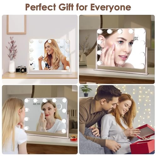 DenCert 360° Vanity Mirror with Lights - 11 LED Bulbs Hollywood Lighted Makeup Mirror with 5X Magnification, 3 Lighting Modes, 16x13 Inch Tabletop Mirror, White Avelisse