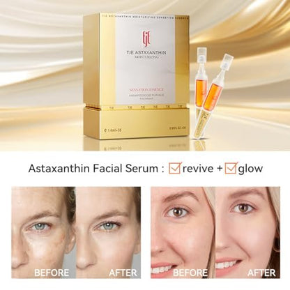 Astaxanthin Serum Ampoules for Face - 0.05 Fl Oz x 28 - Hyaluronic Acid & Niacinamide Hydrating Facial Serum - Brightening Anti-Aging Skincare for Dry Dull Skin