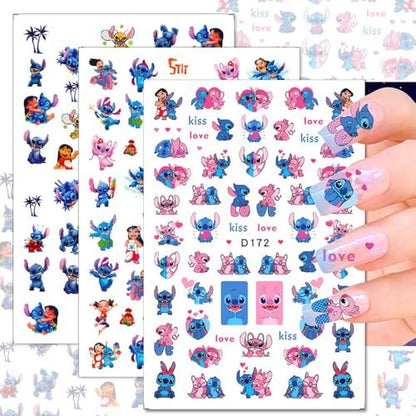 12 Sheets Blue Monster Nail Stickers Decals - 3D Cartoon Pink Blue Animal Self Adhesive Nail Design Stickers Supply Cute Blue Animal Flowers Heart Nail Decals for Women Girls and Kids DIY Manicure