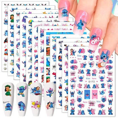 12 Sheets Blue Monster Nail Stickers Decals - 3D Cartoon Pink Blue Animal Self Adhesive Nail Design Stickers Supply Cute Blue Animal Flowers Heart Nail Decals for Women Girls and Kids DIY Manicure