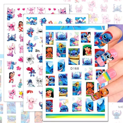 12 Sheets Blue Monster Nail Stickers Decals - 3D Cartoon Pink Blue Animal Self Adhesive Nail Design Stickers Supply Cute Blue Animal Flowers Heart Nail Decals for Women Girls and Kids DIY Manicure - görsel 8