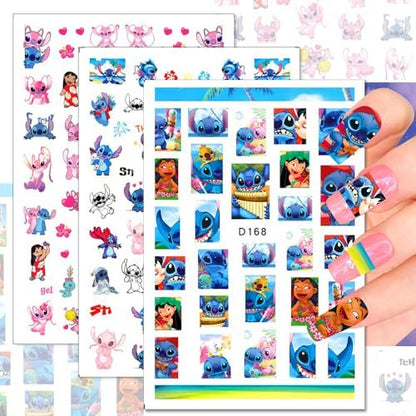 12 Sheets Blue Monster Nail Stickers Decals - 3D Cartoon Pink Blue Animal Self Adhesive Nail Design Stickers Supply Cute Blue Animal Flowers Heart Nail Decals for Women Girls and Kids DIY Manicure