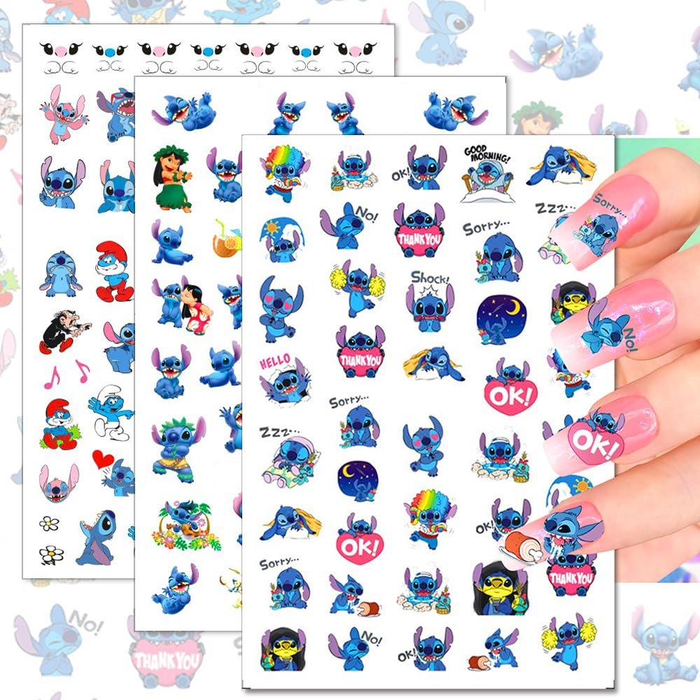 12 Sheets Blue Monster Nail Stickers Decals - 3D Cartoon Pink Blue Animal Self Adhesive Nail Design Stickers Supply Cute Blue Animal Flowers Heart Nail Decals for Women Girls and Kids DIY Manicure - görsel 3