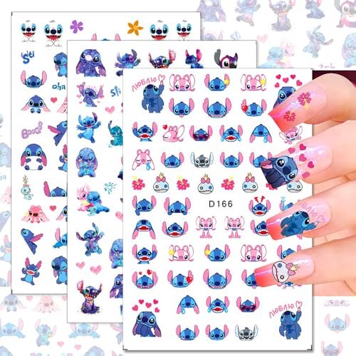 12 Sheets Blue Monster Nail Stickers Decals - 3D Cartoon Pink Blue Animal Self Adhesive Nail Design Stickers Supply Cute Blue Animal Flowers Heart Nail Decals for Women Girls and Kids DIY Manicure - görsel 6