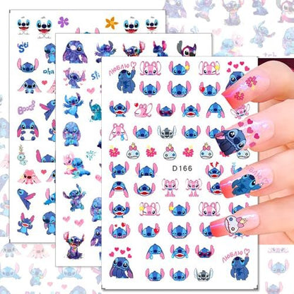 12 Sheets Blue Monster Nail Stickers Decals - 3D Cartoon Pink Blue Animal Self Adhesive Nail Design Stickers Supply Cute Blue Animal Flowers Heart Nail Decals for Women Girls and Kids DIY Manicure