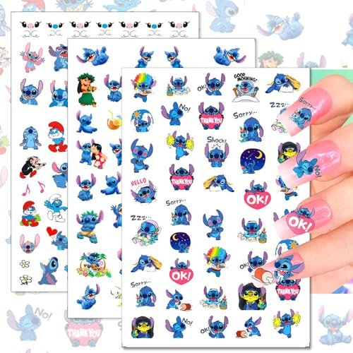 12 Sheets Blue Monster Nail Stickers Decals - 3D Cartoon Pink Blue Animal Self Adhesive Nail Design Stickers Supply Cute Blue Animal Flowers Heart Nail Decals for Women Girls and Kids DIY Manicure - görsel 4