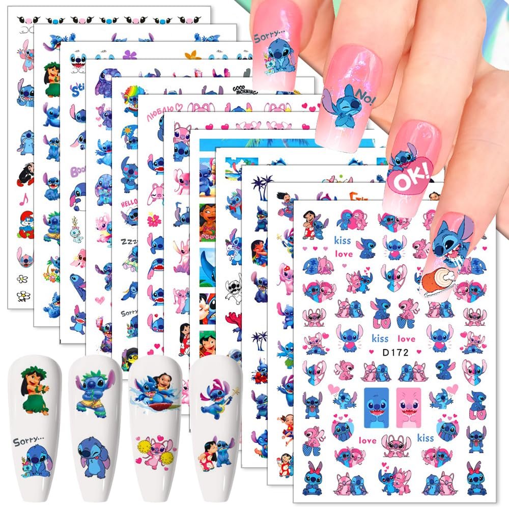 12 Sheets Blue Monster Nail Stickers Decals - 3D Cartoon Pink Blue Animal Self Adhesive Nail Design Stickers Supply Cute Blue Animal Flowers Heart Nail Decals for Women Girls and Kids DIY Manicure - görsel 1