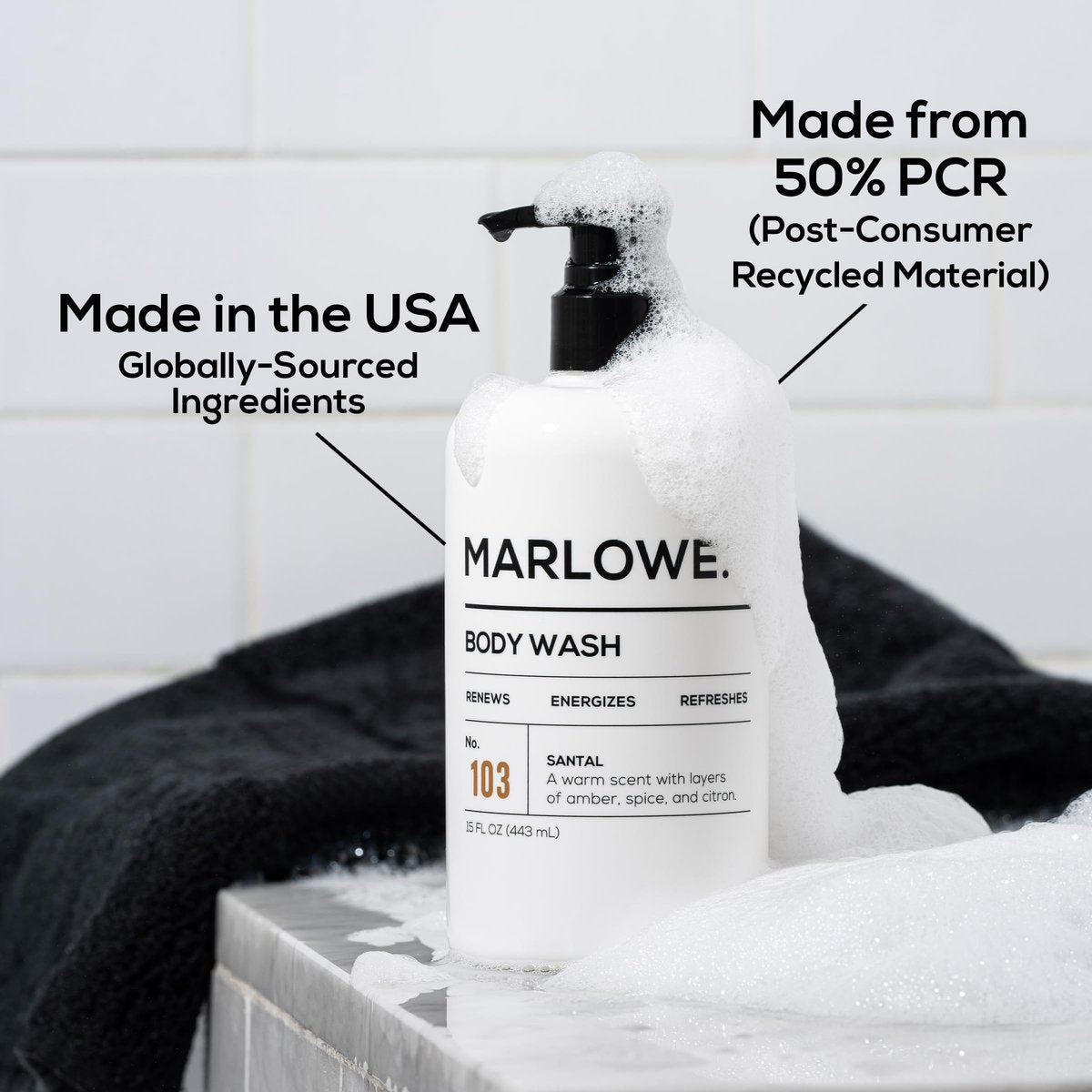 MARLOWE. Men's Body Wash - Energizing & Refreshing Shower Gel with Willow Bark & Green Tea, 15oz Pump Avelisse