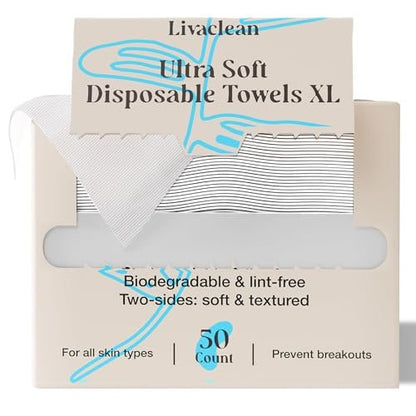 LivaClean Biodegradable Viscose Face Cloths – 50 Count Disposable Facial Towels for Sensitive Skin, Ultra Absorbent Lint-Free Towelettes for Skincare & Makeup Removal
