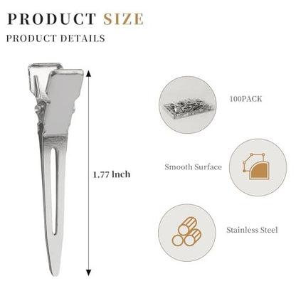 100pcs 1.77-Inch Rust-Proof Metal Alligator Clips with Clear Plastic Box – Silver, for Hair Styling, Curling, Coloring, DIY & More