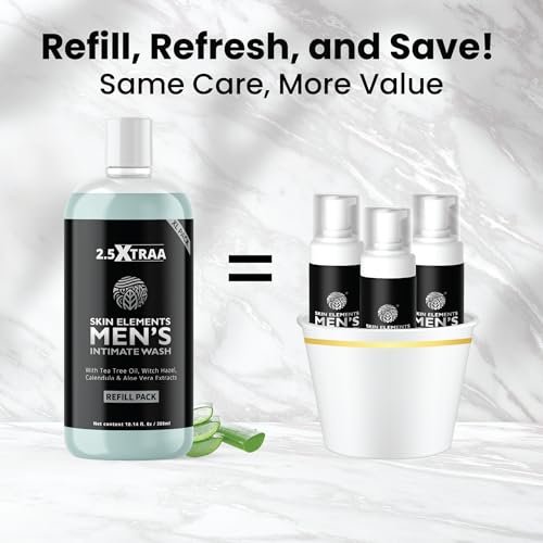 Skin Elements Men's Intimate Wash JUMBO Pack | with Refill | 180-Day Supply | pH Balanced Foaming Wash | Tea Tree Oil | 14.2 fl oz Avelisse