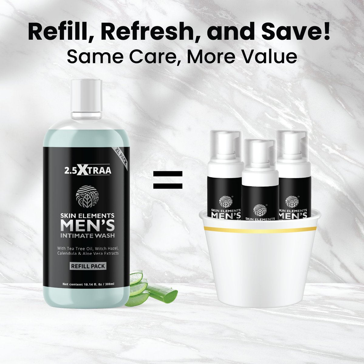 Skin Elements Men's Intimate Wash JUMBO Pack | with Refill | 180-Day Supply | pH Balanced Foaming Wash | Tea Tree Oil | 14.2 fl oz Avelisse