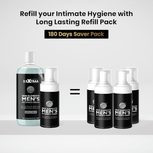 Skin Elements Men's Intimate Wash JUMBO Pack | with Refill | 180-Day Supply | pH Balanced Foaming Wash | Tea Tree Oil | 14.2 fl oz Avelisse