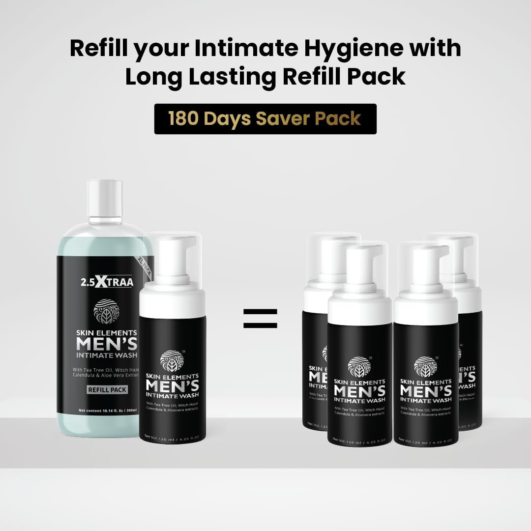 Skin Elements Men's Intimate Wash JUMBO Pack | with Refill | 180-Day Supply | pH Balanced Foaming Wash | Tea Tree Oil | 14.2 fl oz Avelisse