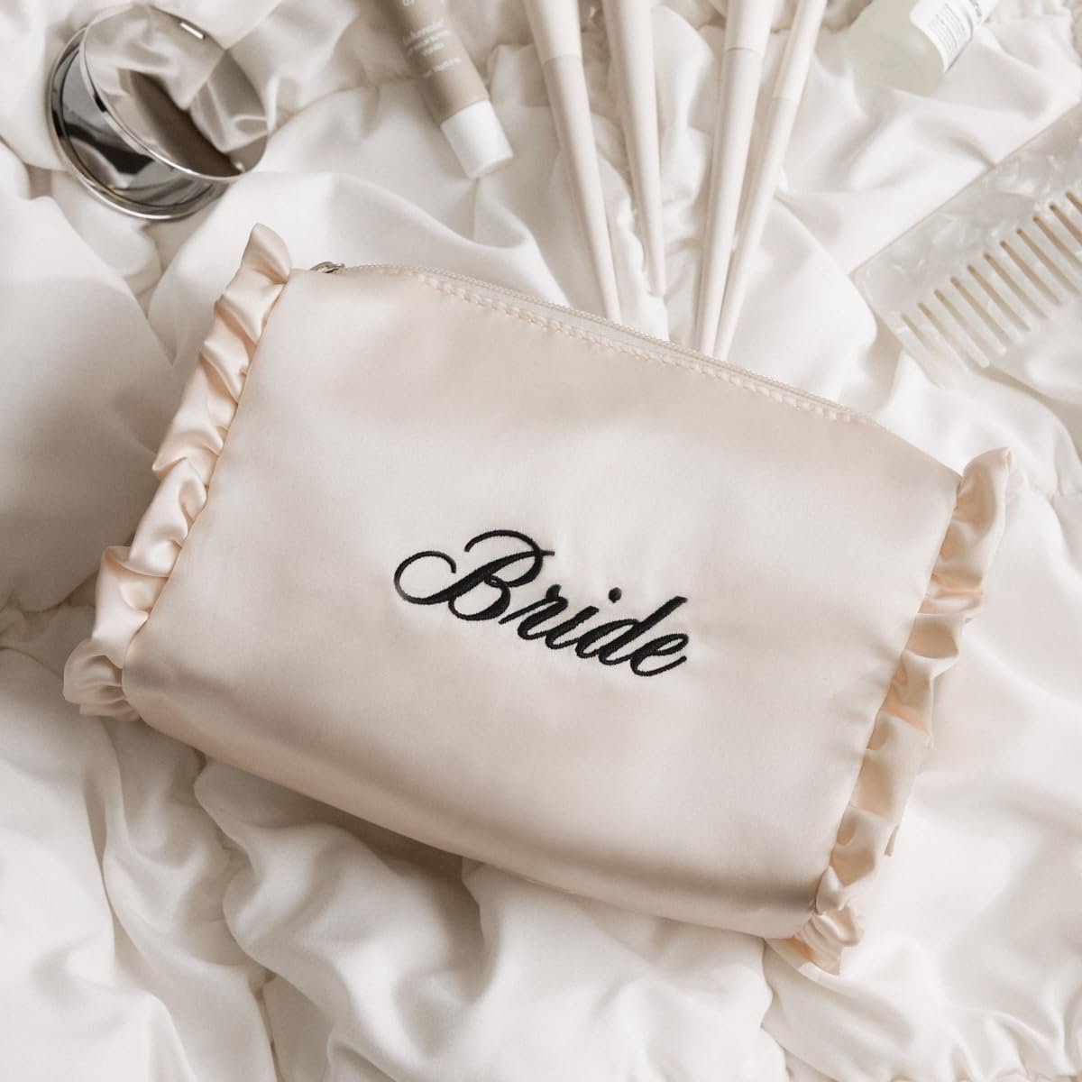 xo, Fetti Satin Bride Cosmetic Bag | White Bridal Makeup Purse for Bachelorette Party & Bridal Shower Avelisse