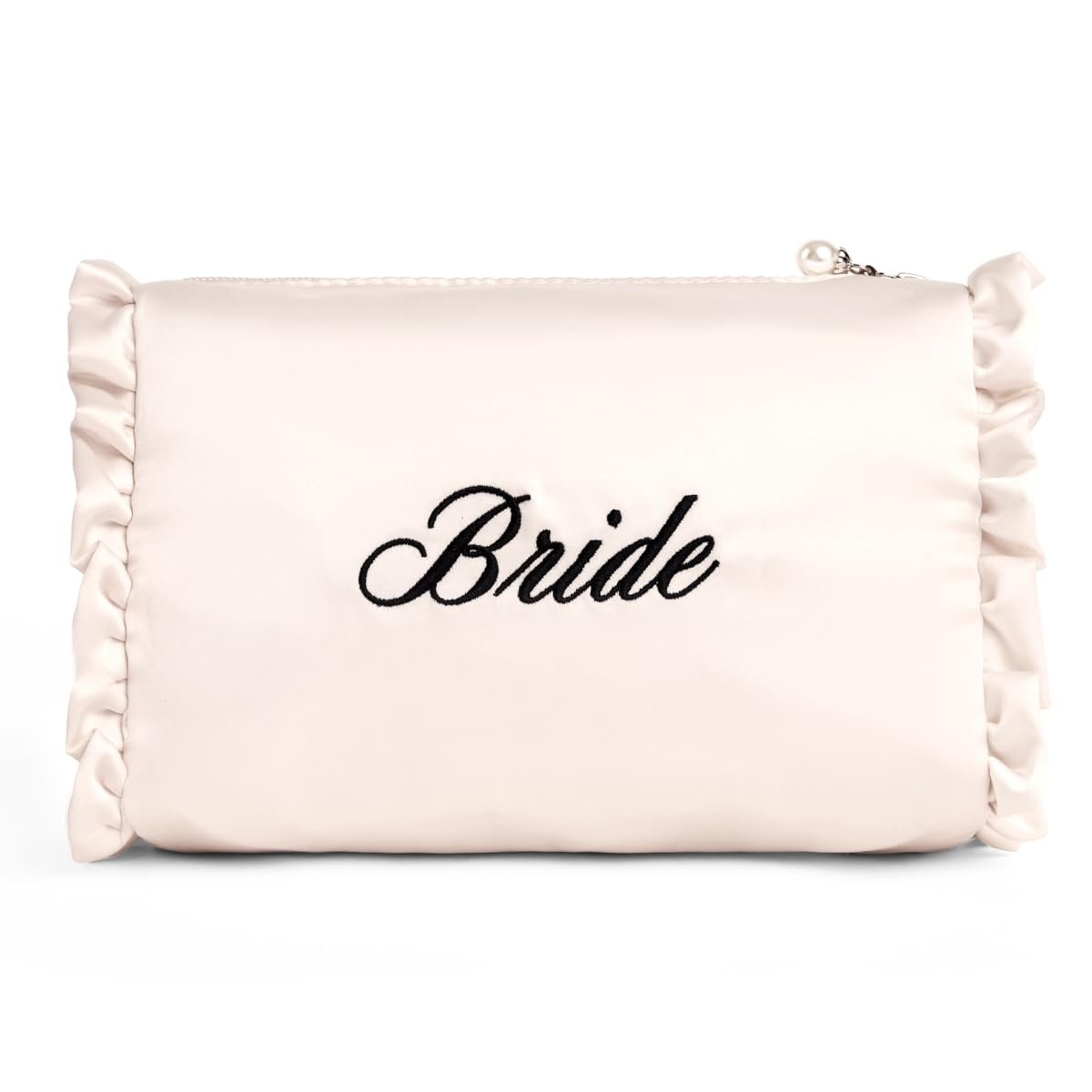 xo, Fetti Satin Bride Cosmetic Bag | White Bridal Makeup Purse for Bachelorette Party & Bridal Shower Avelisse